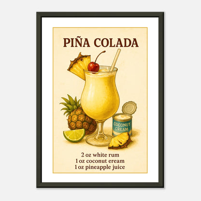 Piña Colada minimalist cocktail wall art in black metal frame clean studio presentation for kitchen or bar decor