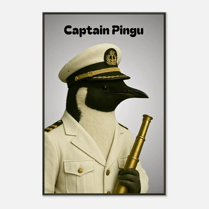 Nahaufnahme des Captain Pingu Posters – eleganter Pinguin in weißer Kapitänsuniform im schwarzen Metallrahmen | DEFA Designs