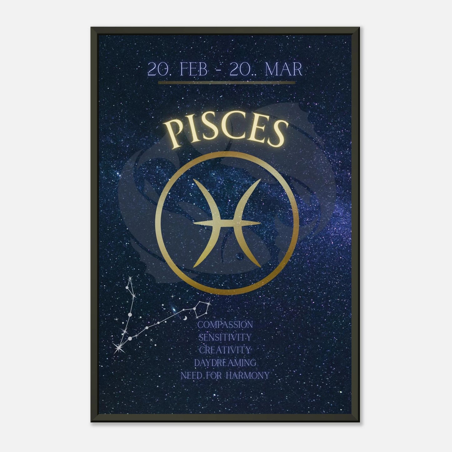 Pisces zodiac wall art in black metal frame front view with blue galaxy background and horoscope symbol