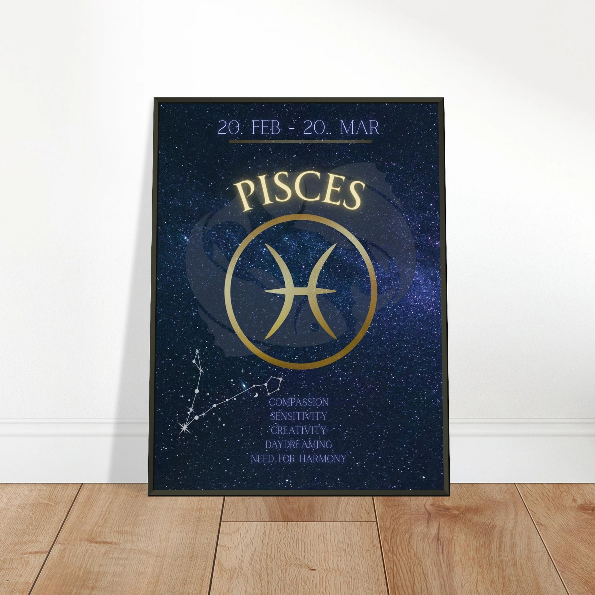 Pisces wall art poster leaning against wall in black metal frame modern bedroom decor mockup