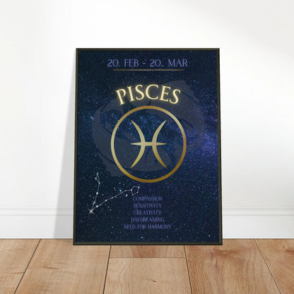 Pisces wall art poster leaning against wall in black metal frame modern bedroom decor mockup