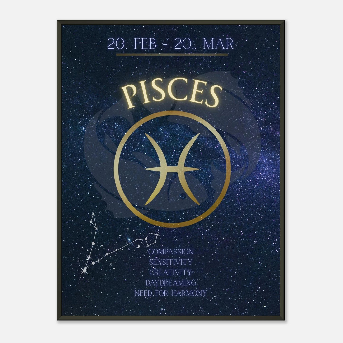 Pisces wall art poster in black metal frame featuring cosmic zodiac design with constellation and astrology symbol