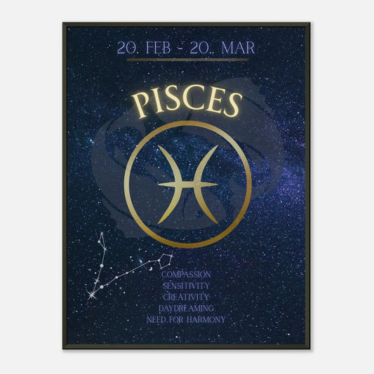 Pisces wall art poster in black metal frame featuring cosmic zodiac design with constellation and astrology symbol