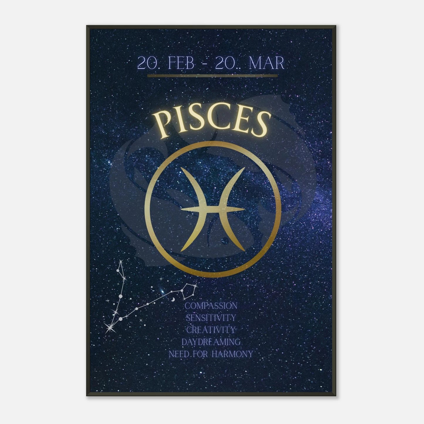 Pisces astrology poster in black metal frame clean studio presentation with constellation artwork