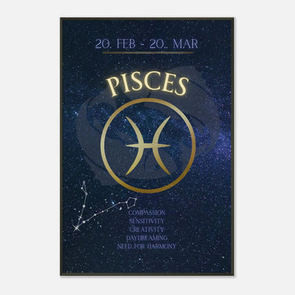 Pisces astrology poster in black metal frame clean studio presentation with constellation artwork