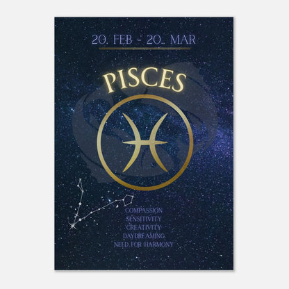 Pisces Zodiac Poster mit modernem Sternzeichen-Design in Dunkelblau und Gold – Wanddeko für Wohnzimmer, Schlafzimmer oder Büro