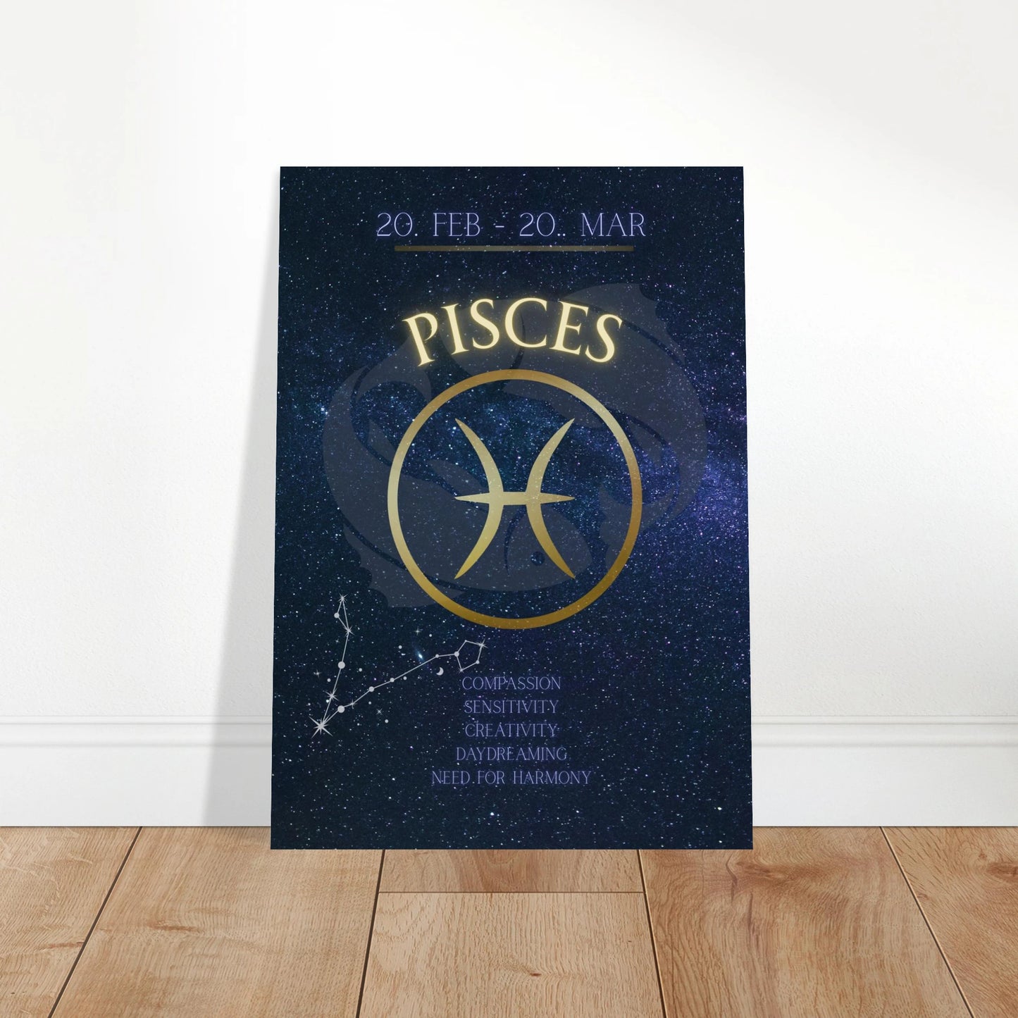 Pisces Wandbild in moderner Wohnzimmer-Einrichtung – minimalistisches Mockup für stilvolle Sternzeichen-Deko