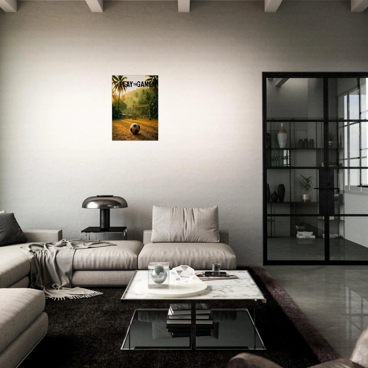 Gerahmtes „Play the Game“ Fußball Poster mit tropischem Tor, sportliche Wandkunst für Fußballspieler, Fans und Sammler