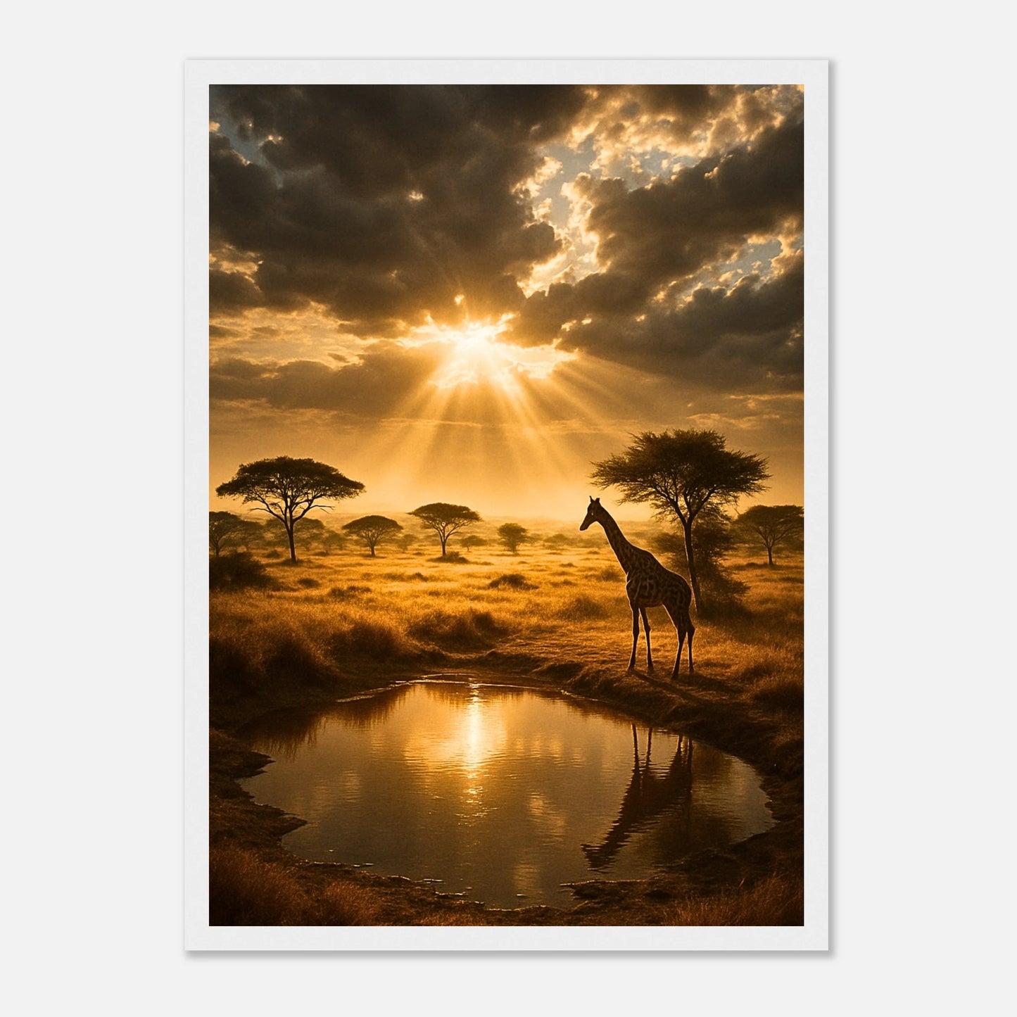 Poster mit Giraffe und Sonnenuntergang in weißem Rahmen – elegantes Wandbild für Wohn- und Schlafbereich