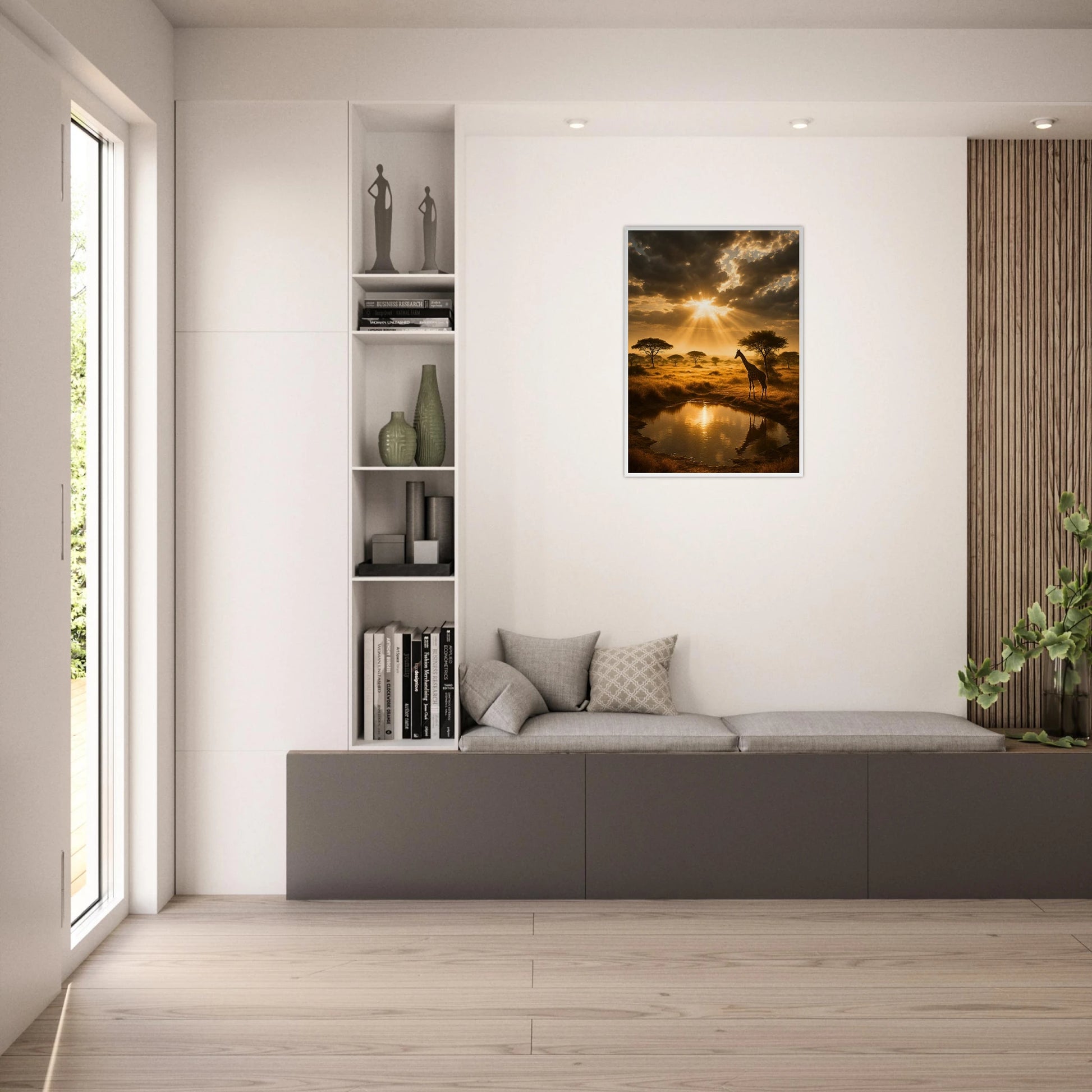 Wandbild mit Savannenlandschaft und Giraffe im Wohnzimmer – Naturkunst als stilvolle Raumgestaltung