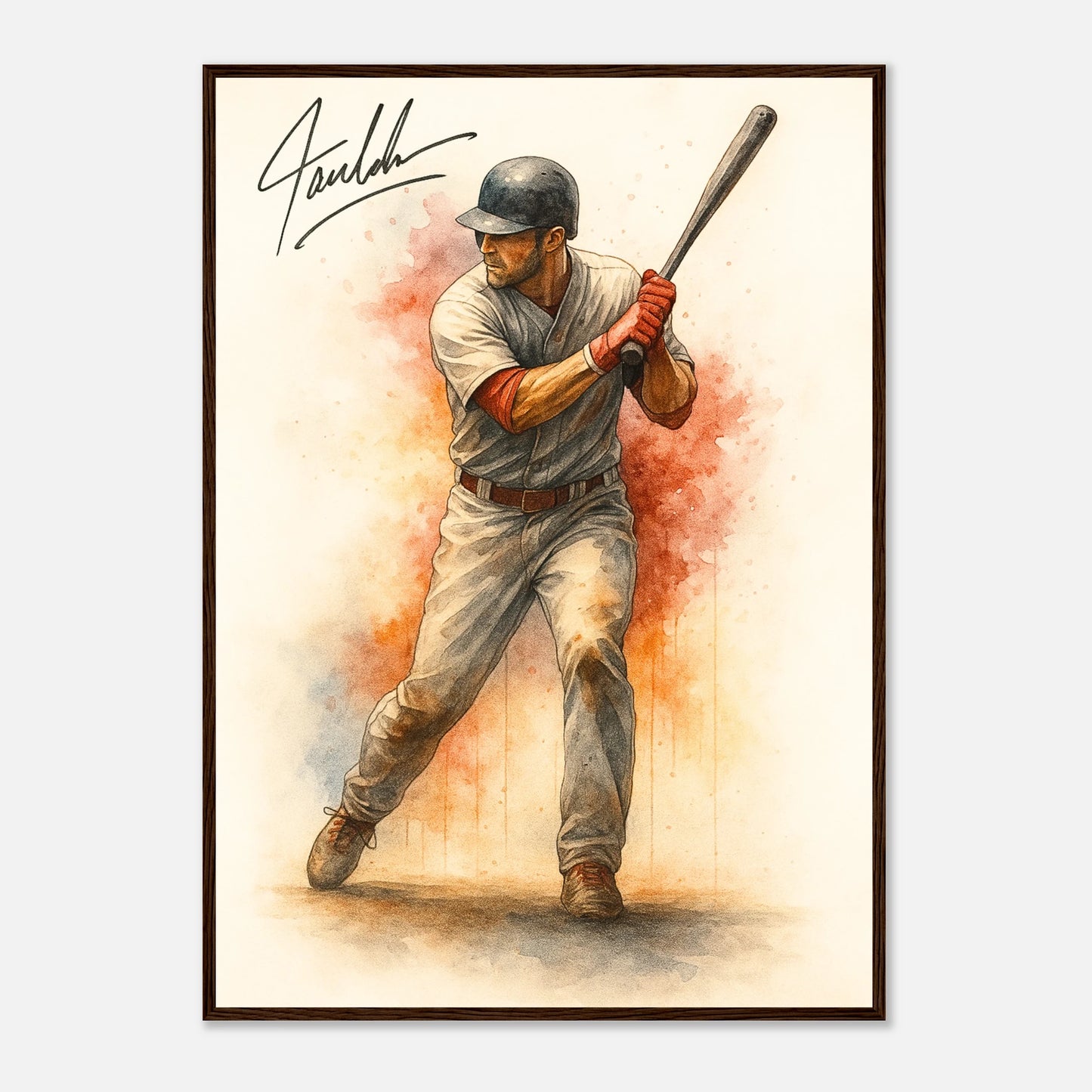 Baseball Poster „Power at the Plate – Baseball in Motion“ im braunen Holzrahmen – klassische Sport Wandkunst