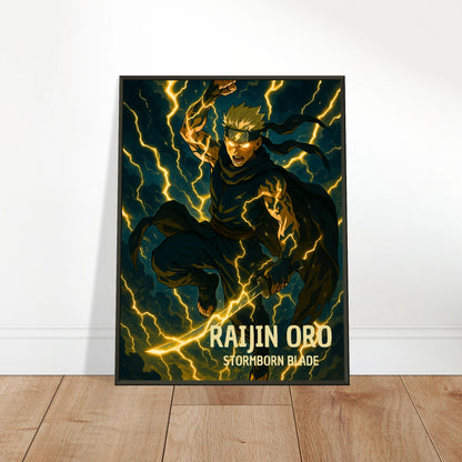 „RAIJIN ORO – Stormborn Blade“ an die Wand gelehnt – ausdrucksstarkes Anime-Design mit elektrischer Dynamik | DEFA Designs