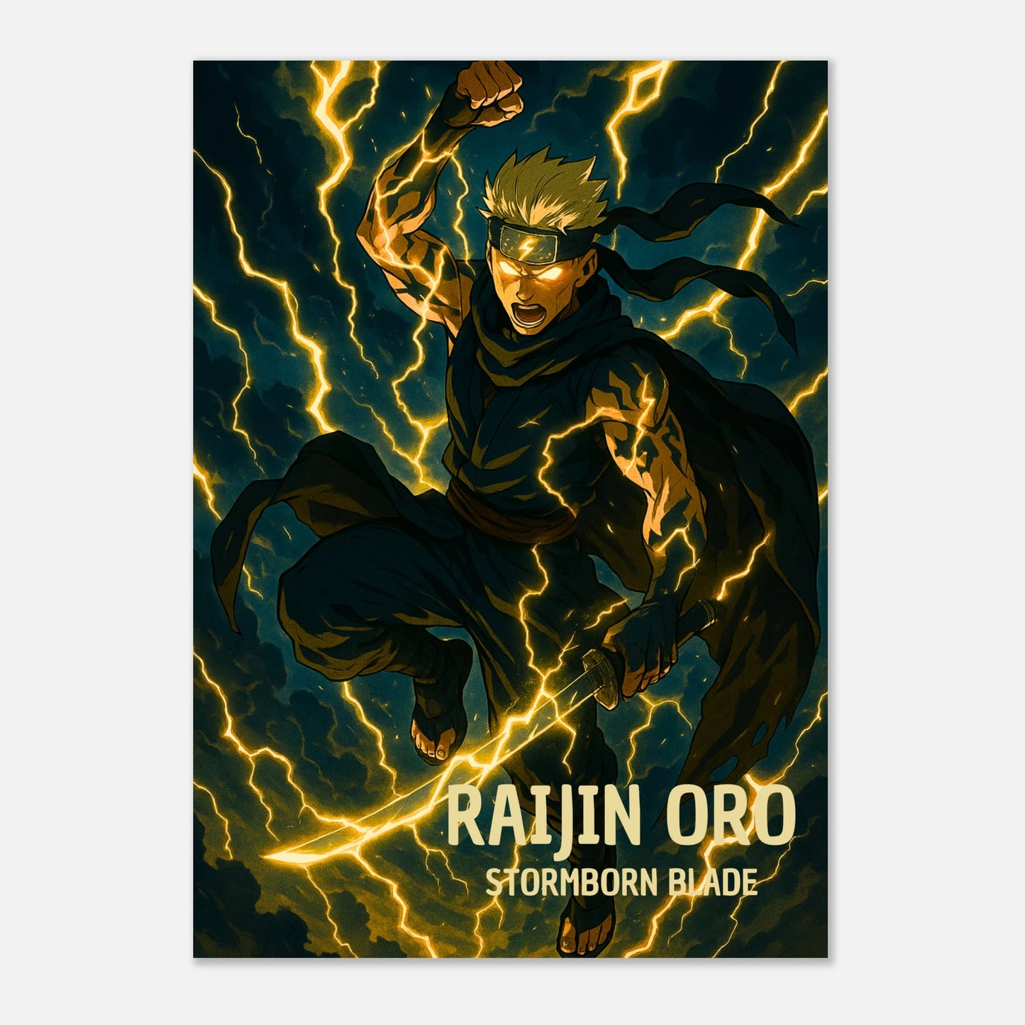 Detailansicht Anime Poster Raijin Oro mit elektrischen Blitzen – kraftvoller Kunstdruck als moderne Anime Wandkunst