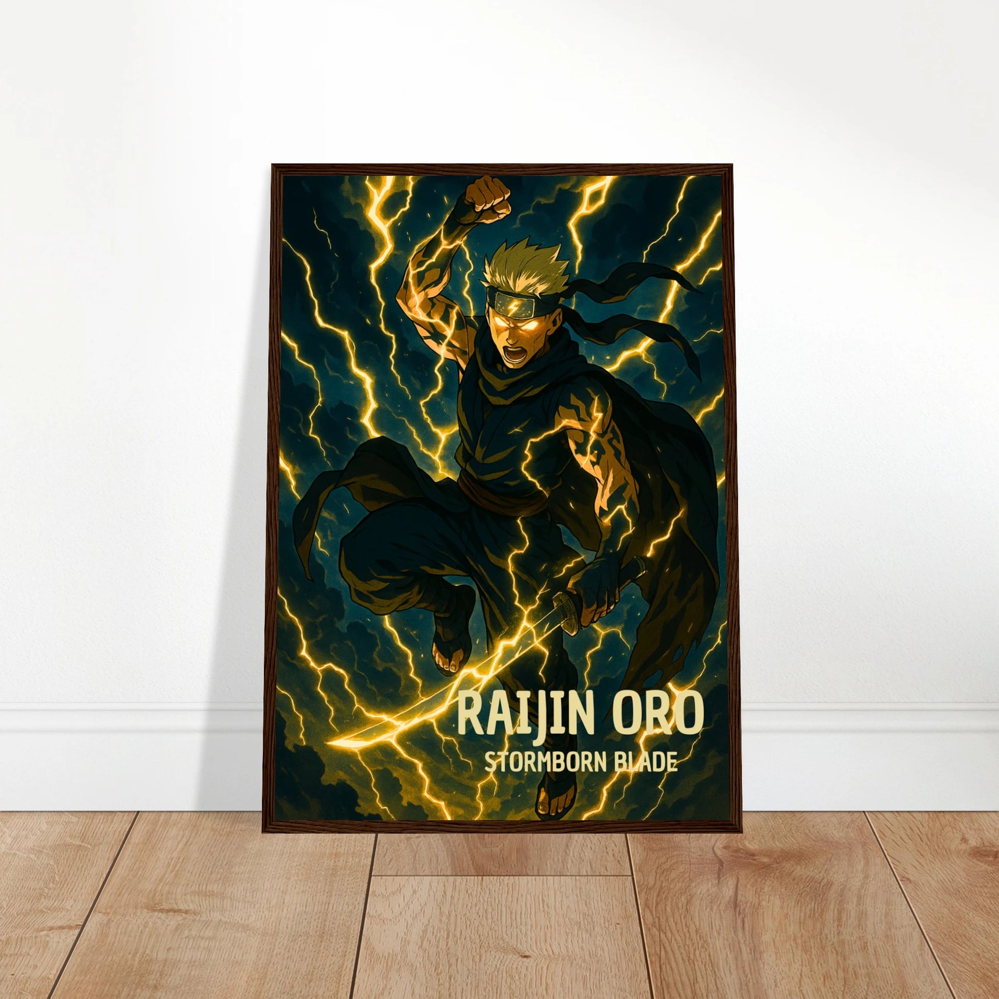 RAIJIN ORO Poster an die Wand gelehnt – goldene Blitze, epischer Anime-Krieger, japanische Wandkunst mit elektrischer Energie.
