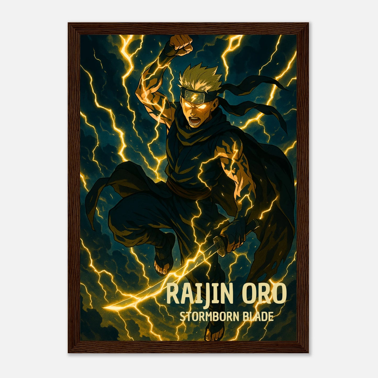 RAIJIN ORO Poster im dunklen Wohnzimmer – goldene Blitze leuchten intensiv, majestätischer Anime-Krieger als dekoratives Kunstwerk.