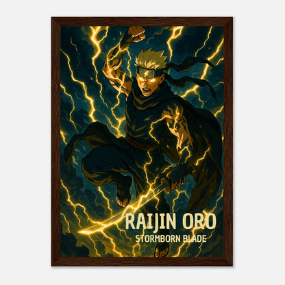 RAIJIN ORO Poster im dunklen Wohnzimmer – goldene Blitze leuchten intensiv, majestätischer Anime-Krieger als dekoratives Kunstwerk.