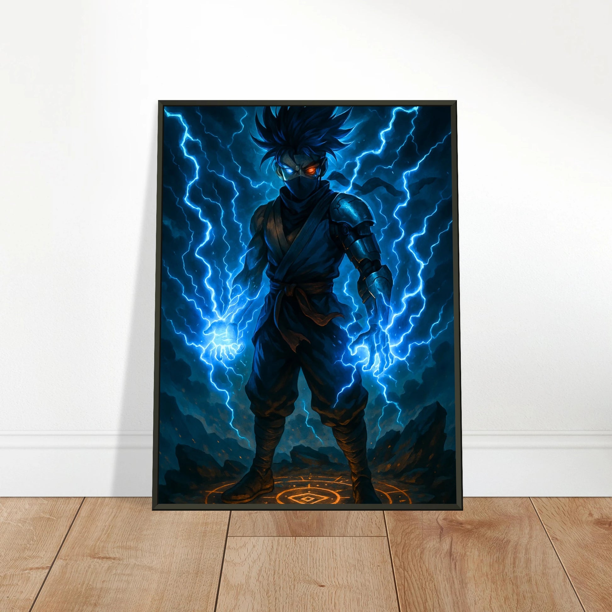 Anime-Poster „RAIKEN – Surge of the Twin Storm“ an die Wand gelehnt – stilvolle Präsentation mit kraftvollem Motiv | DEFA Designs