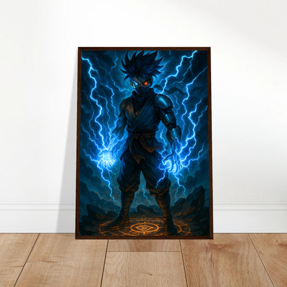 RAIKEN – Surge of the Twin Storm Poster an die Wand gelehnt, mächtiger Blitzkrieger mit Energieleuchten, beeindruckendes Fantasy Kunstwerk für Wohnzimmer.