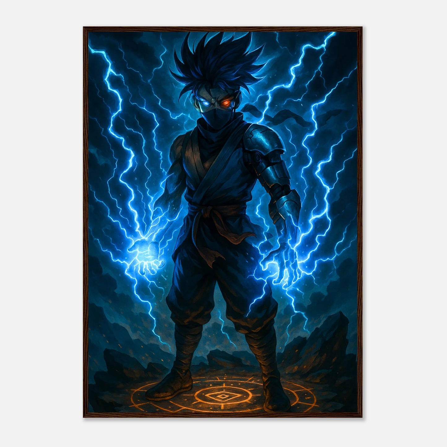 RAIKEN – Surge of the Twin Storm Poster im dunkelbraunen Holzrahmen, elektrischer Krieger mit blauen Blitzen, epische Wandkunst in Premiumqualität.