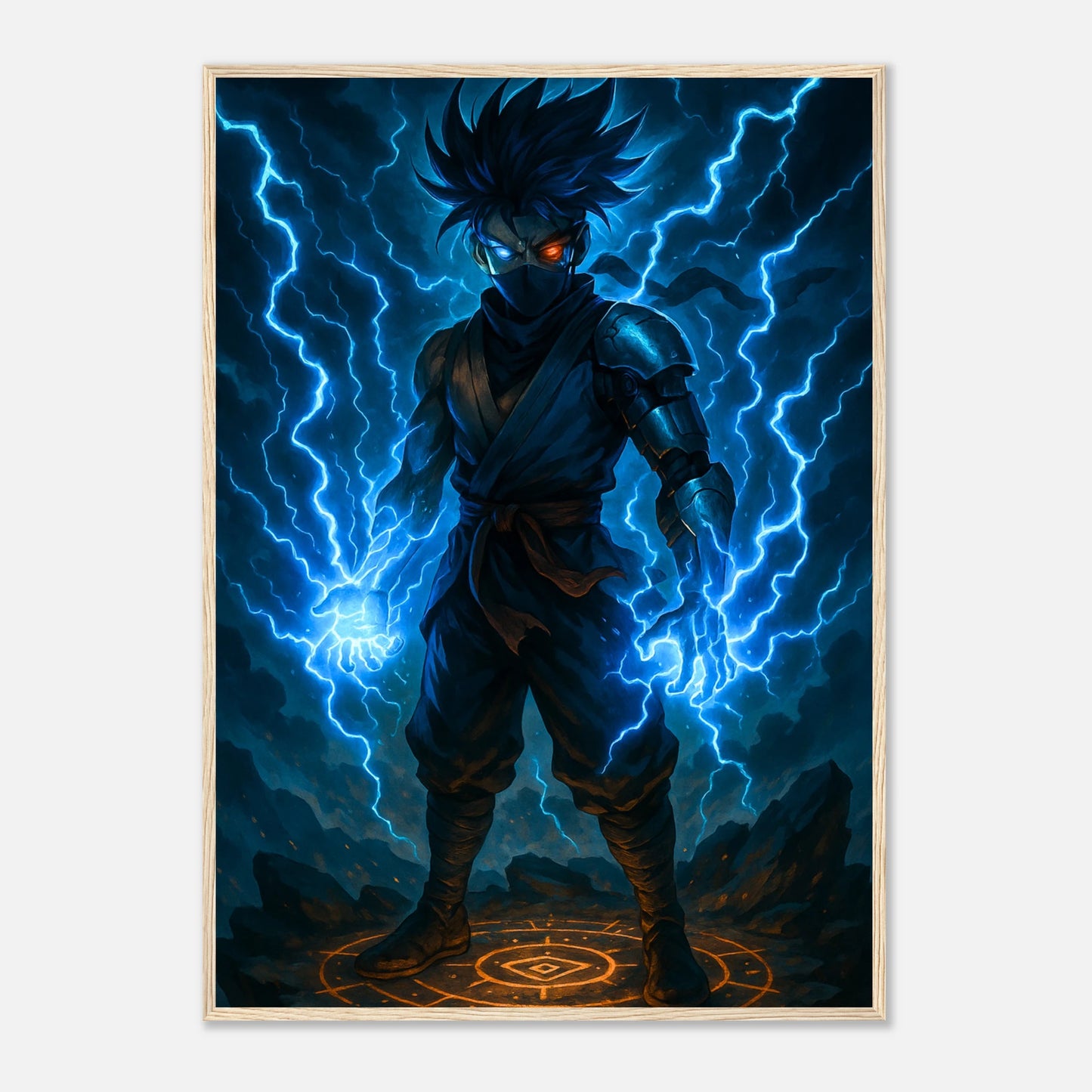 RAIKEN – Surge of the Twin Storm Poster im hellbraunen Holzrahmen, blauer Energiekrieger umgeben von Sturm und Blitzen, kraftvolles Fantasy Kunstwerk.