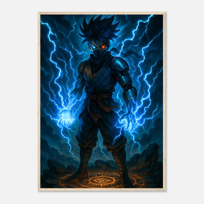 RAIKEN – Surge of the Twin Storm Poster im hellbraunen Holzrahmen, blauer Energiekrieger umgeben von Sturm und Blitzen, kraftvolles Fantasy Kunstwerk.
