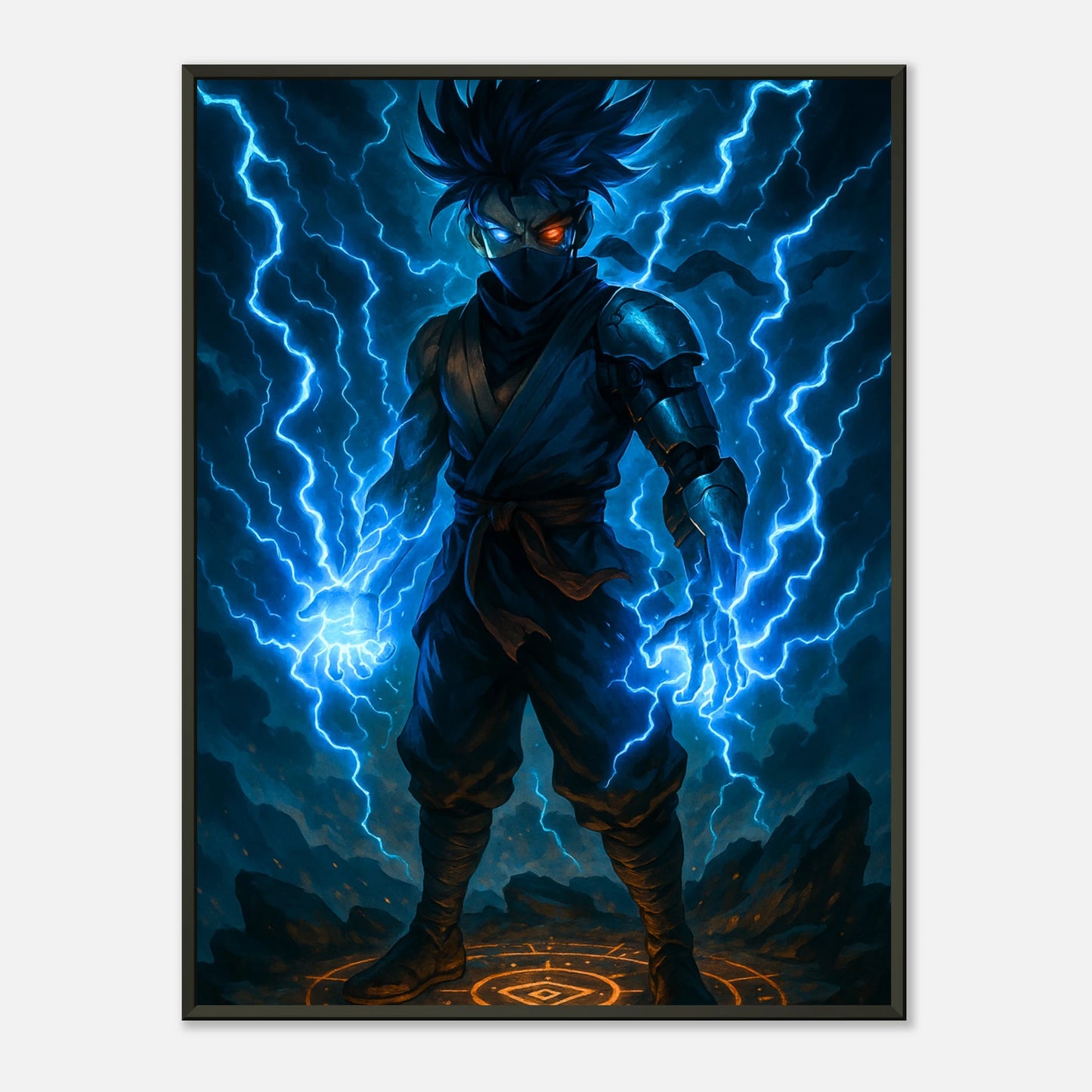 „RAIKEN — Surge of the Twin Storm“ Poster – mächtiger Anime-Krieger im blauen Blitzlicht, epische Energie & Stärke | DEFA Designs