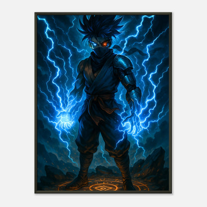 „RAIKEN — Surge of the Twin Storm“ Poster – mächtiger Anime-Krieger im blauen Blitzlicht, epische Energie & Stärke | DEFA Designs