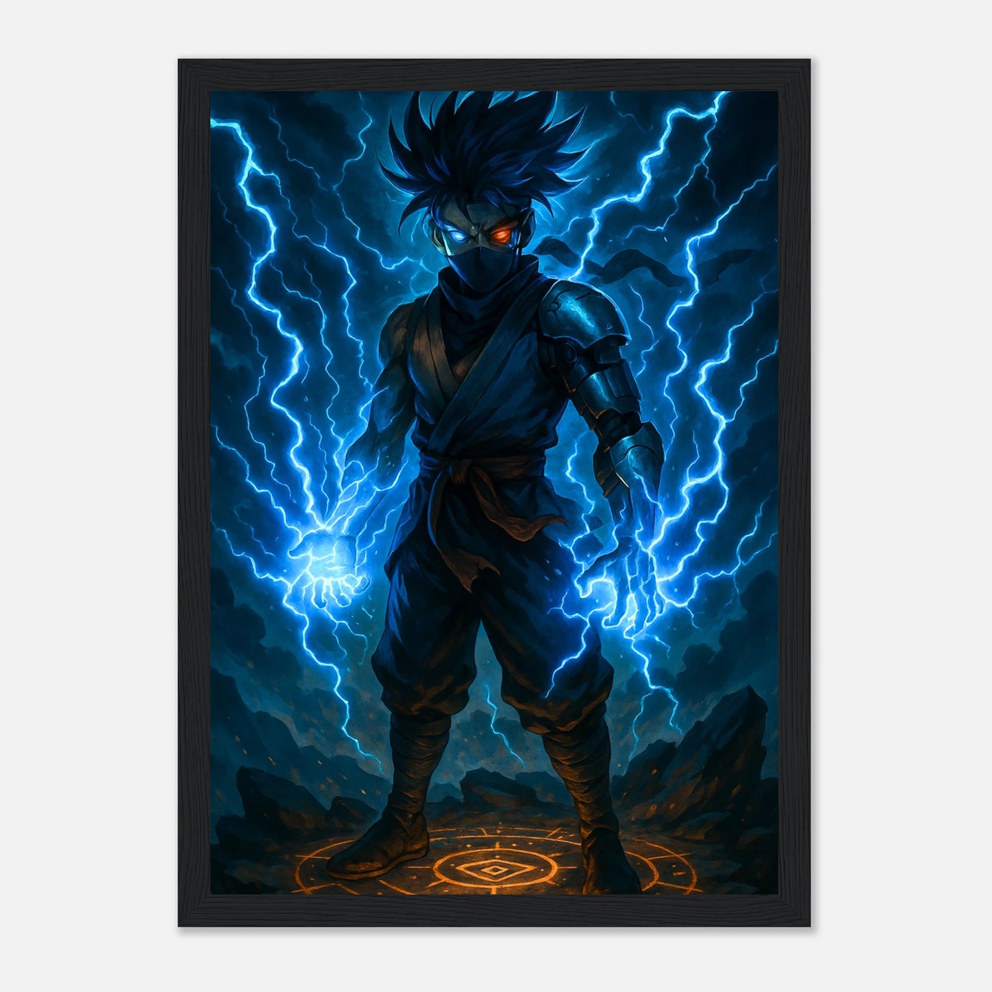 RAIKEN – Surge of the Twin Storm Poster im schwarzen Rahmen, blauer Blitzkrieger in epischer Energiepose, elektrisierende Fantasy Wandkunst von Defa Designs.