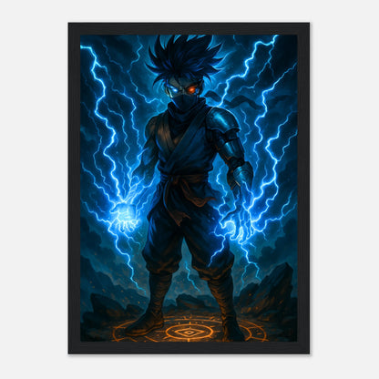 RAIKEN – Surge of the Twin Storm Poster im schwarzen Rahmen, blauer Blitzkrieger in epischer Energiepose, elektrisierende Fantasy Wandkunst von Defa Designs.