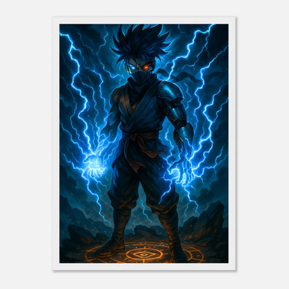 RAIKEN – Surge of the Twin Storm Poster im weißen Rahmen, leuchtender Energiekrieger mit blauen Blitzen, modernes Fantasy Poster mit kraftvollem Design.