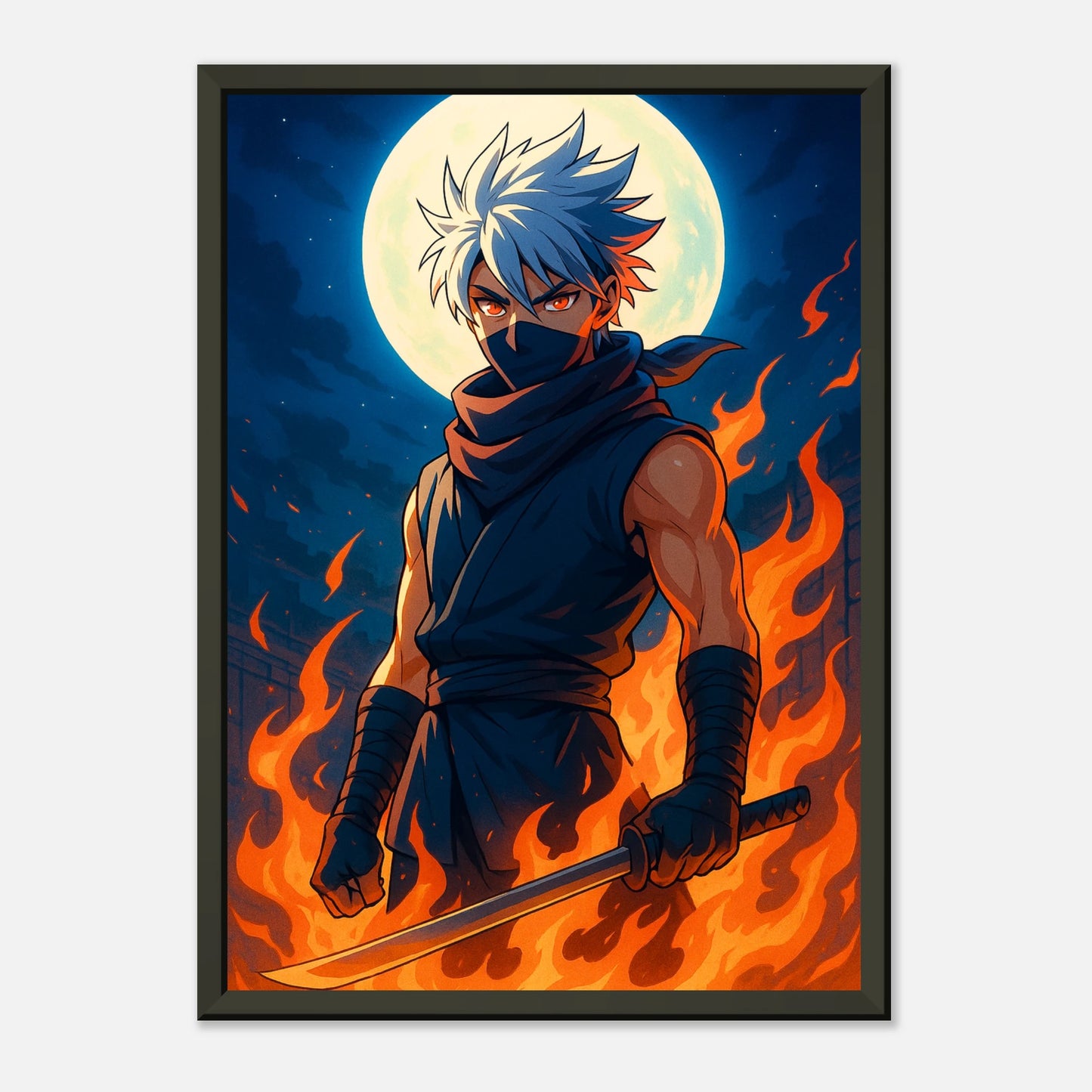 Reika Anime Charakter mit feuriger Aura – Anime Poster im schwarzen Metallrahmen – Deko für Gaming- und Anime-Zimmer