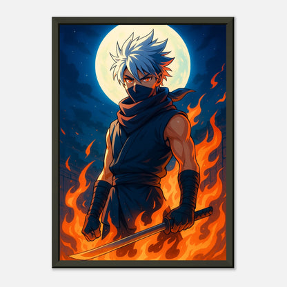 Reika Anime Charakter mit feuriger Aura – Anime Poster im schwarzen Metallrahmen – Deko für Gaming- und Anime-Zimmer