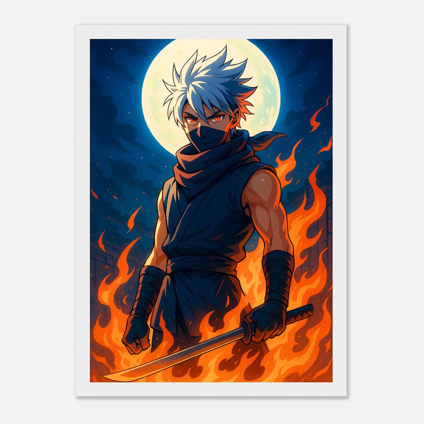 REIKA Poster im weißen Rahmen – kraftvolle Anime-Figur mit lodernden Flammen und blauem Mondlicht, modernes japanisches Wandbild. Defa Designs.