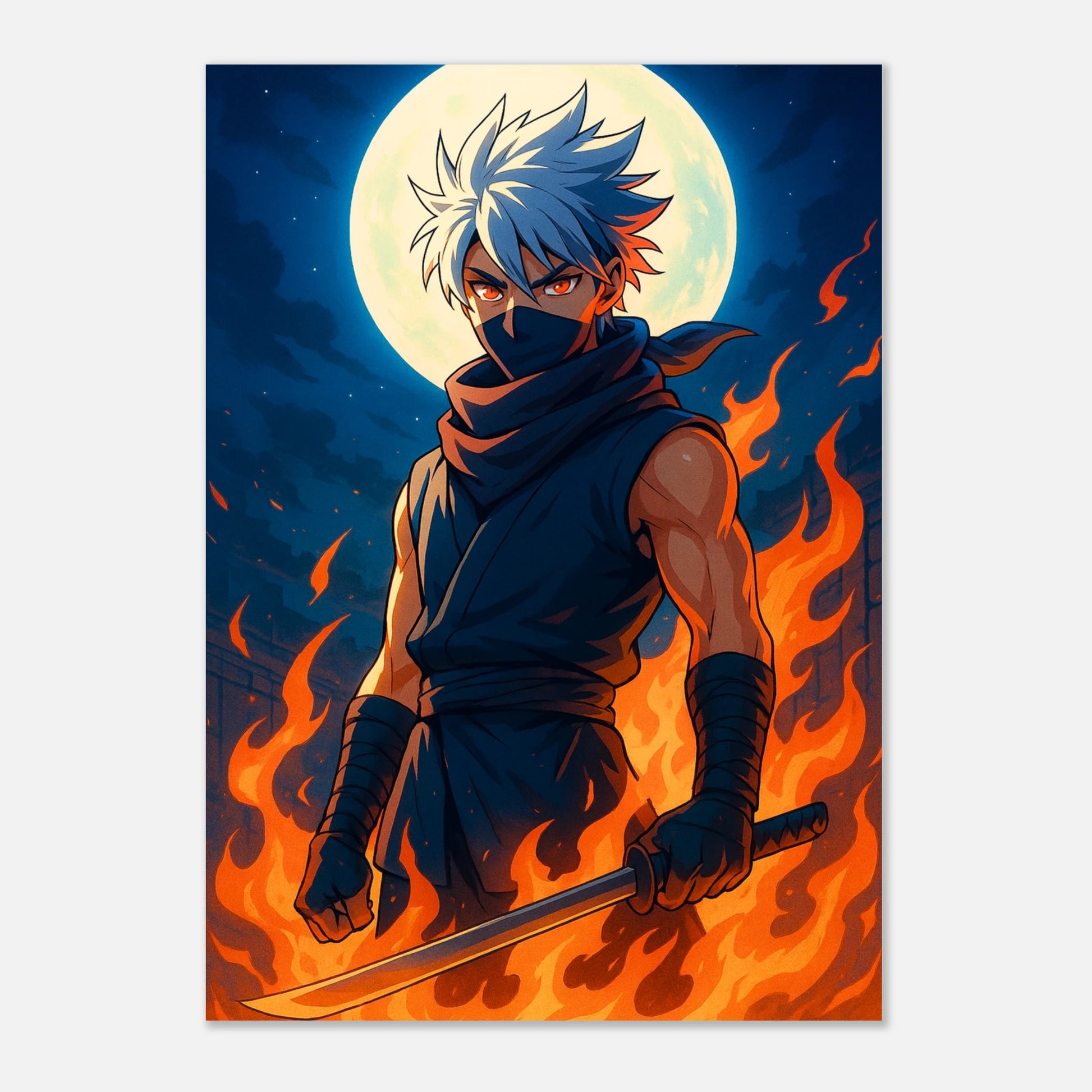 Anime Poster REIKA mit weißem Rand | Samurai Wandbild „Flame Under the Moon“ | DEFA Kunstdruck für Wanddeko