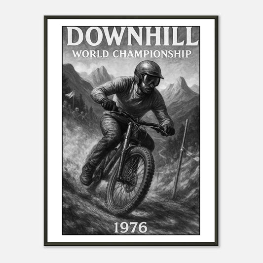 „Ride the Edge – Downhill ’76“ Poster – Vintage-Mountainbike-Kunst im schwarzen Metallrahmen – Tribut an den Adrenalinkick & Rennsport | DEFA Designs