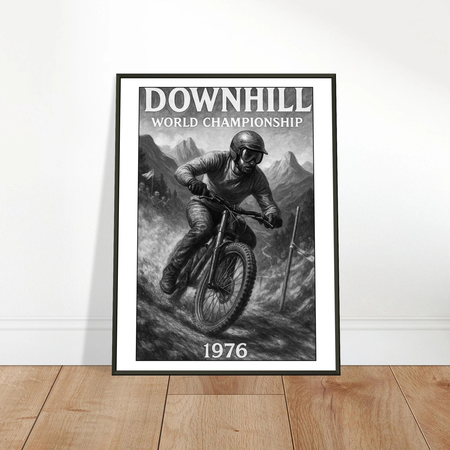„Ride the Edge“ Downhill-Poster – an die Wand gelehnt – Elegante Sportkunst im schwarzen Rahmen | DEFA Designs
