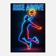 Neon Basketball Poster „Rise Above“ – inspirierende Sport Wandkunst in leuchtenden Farben für Wohnzimmer, Schlafzimmer oder Büro