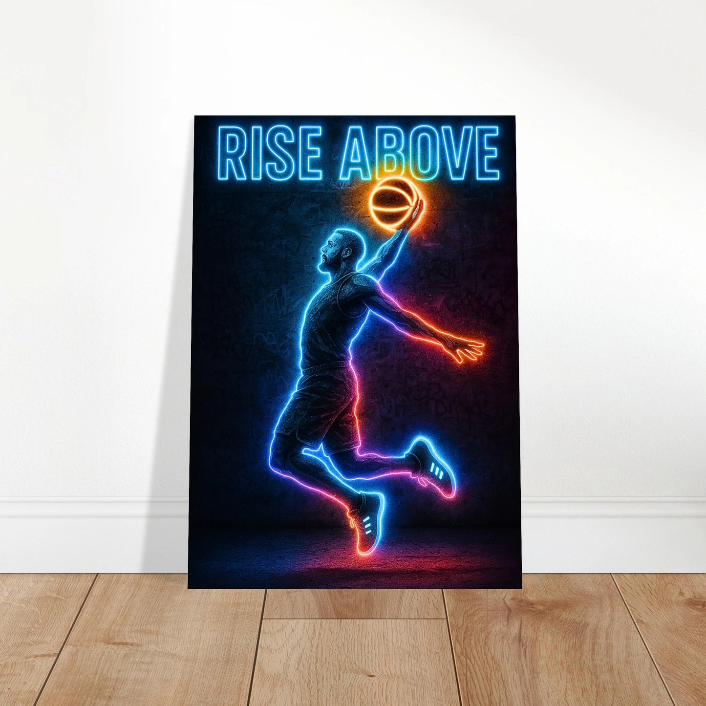 Neonfarbenes „Rise Above“ Basketball Poster als elegante Wanddekoration in heller moderner Einrichtung