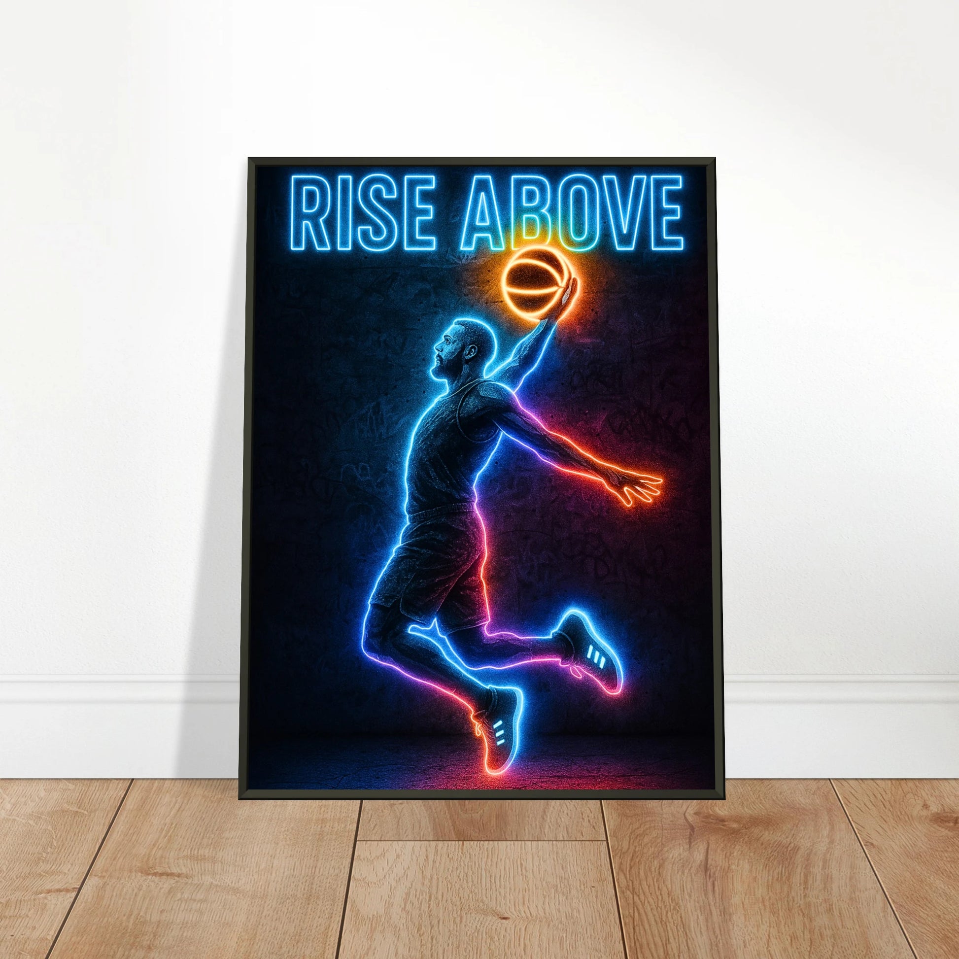 Rise Above Poster an die Wand gelehnt – Neon Basketball Design im schwarzen Metallrahmen | Inspirierende Sport Wandkunst | DEFA Designs