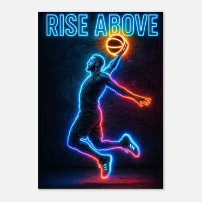 Neon Basketball Wandkunst „Rise Above“ – modernes Poster als Sport Deko im stilvollen Wohnzimmer