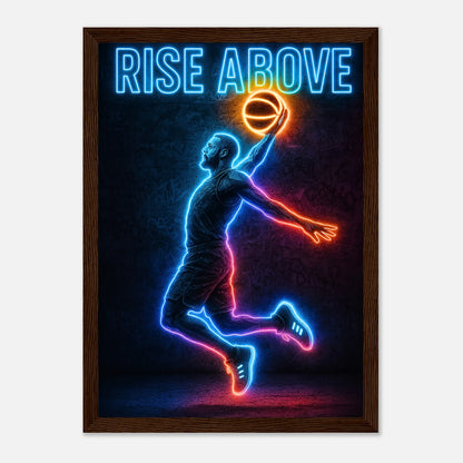 Basketball Poster „Rise Above“ im dunkelbraunen Holzrahmen – sportliches Neon Wandbild für elegante Einrichtungen
