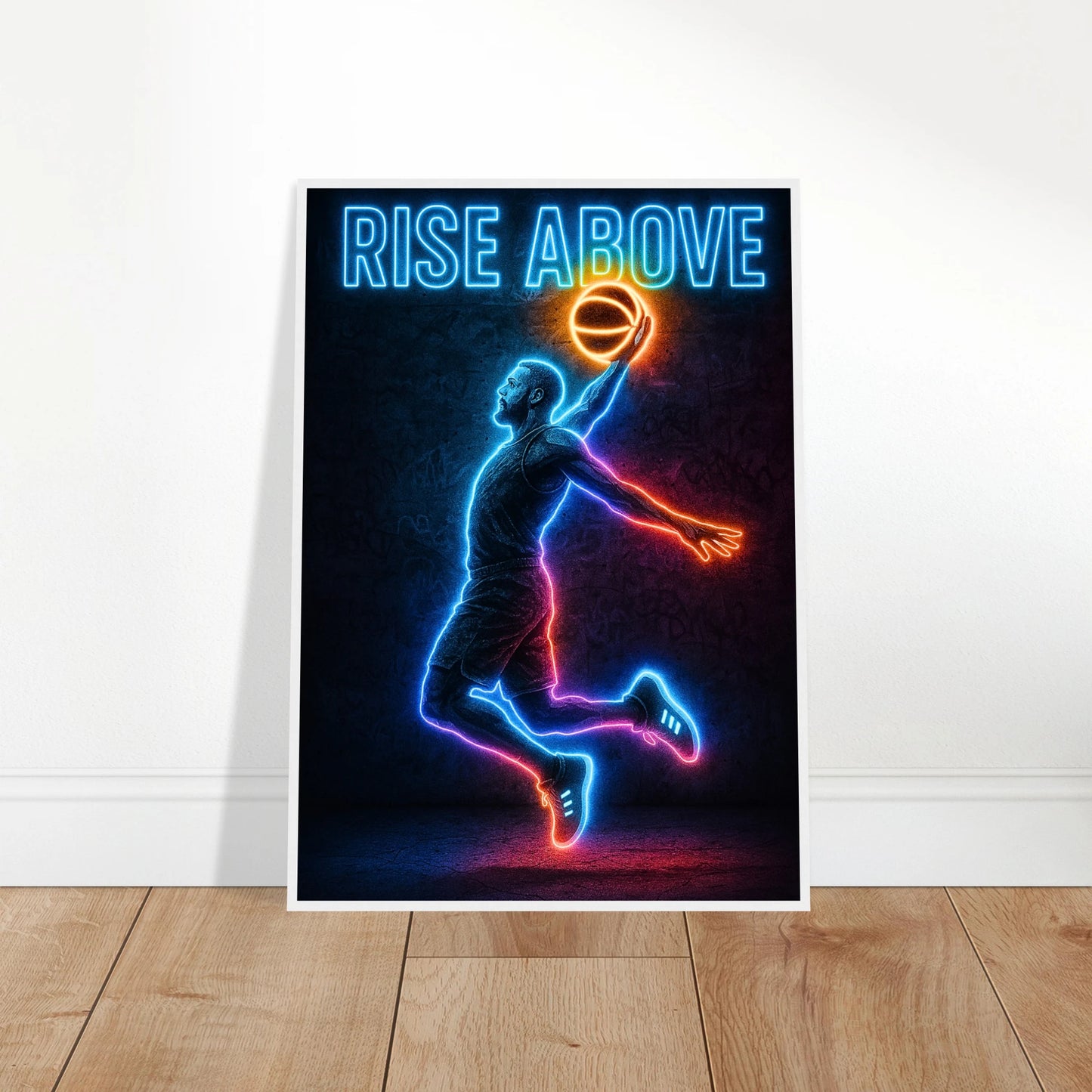 Ungerahmtes Neon Basketball Poster „Rise Above“ – an die Wand gelehnt für moderne Raumgestaltung