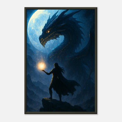 Rise of the Nightfire Dark Fantasy Drachen Kunst als Wandbild mit schwarzem Metallrahmen, magische Nachtstimmung mit Feuerlicht