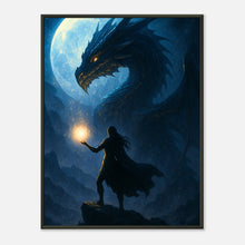 Rise of the Nightfire Drachen Wandbild mit schwarzem Metallrahmen, epische Dark Fantasy Szene mit Drache unter mondhellem Himmel