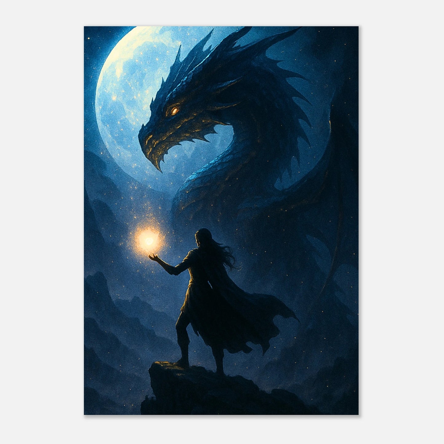 Rise of the Nightfire Poster – epische Fantasy-Kunst mit Zauberer und Schatten-Drache im Mondlicht
