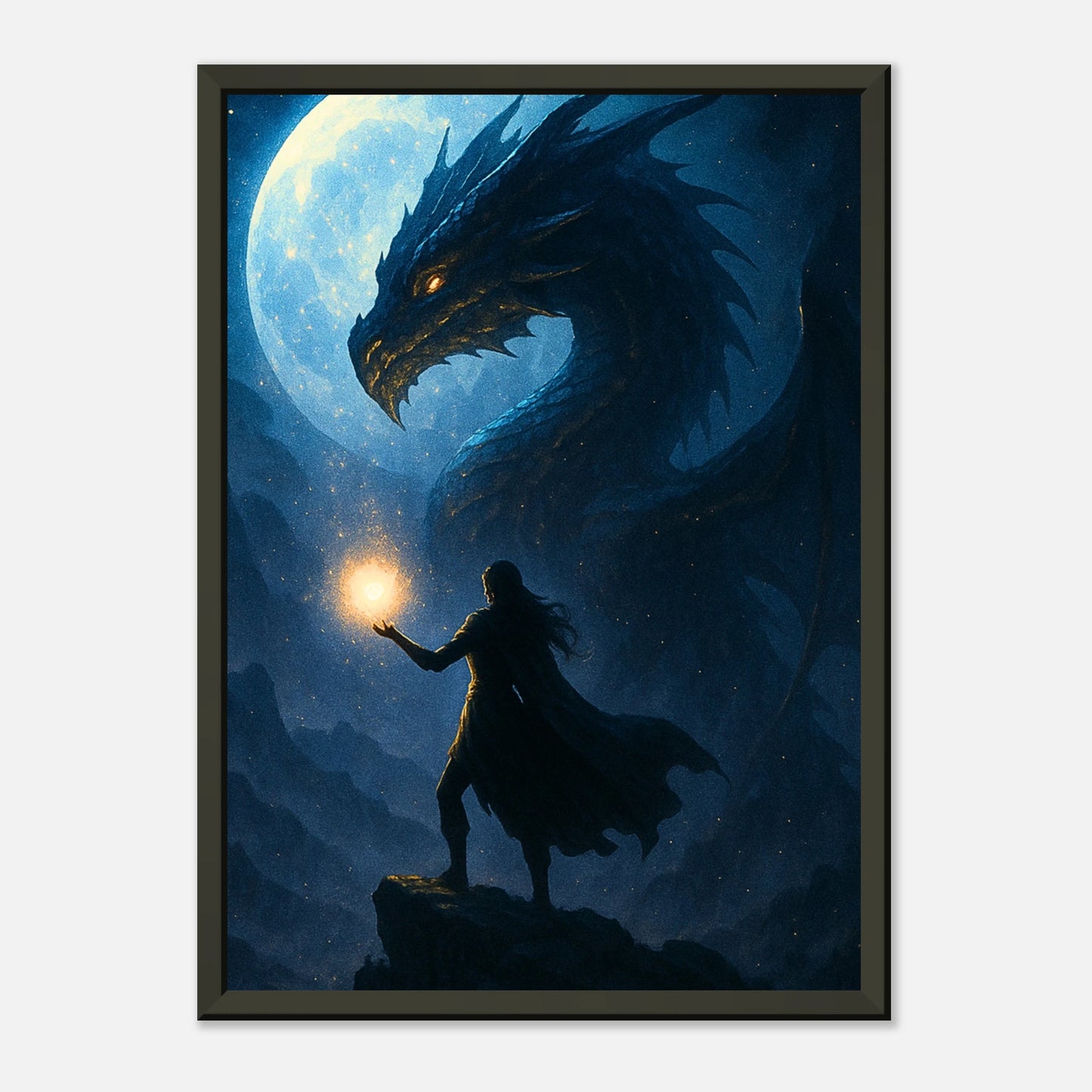 Rise of the Nightfire Fantasy Wandbild in dunklem modernen Interior, schwarzer Metallrahmen mit mystischer Drachenatmosphäre