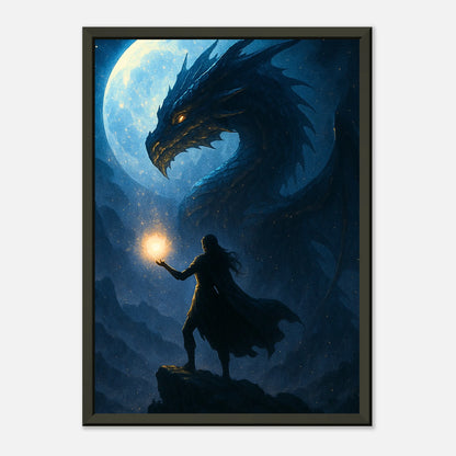 Rise of the Nightfire Fantasy Wandbild in dunklem modernen Interior, schwarzer Metallrahmen mit mystischer Drachenatmosphäre