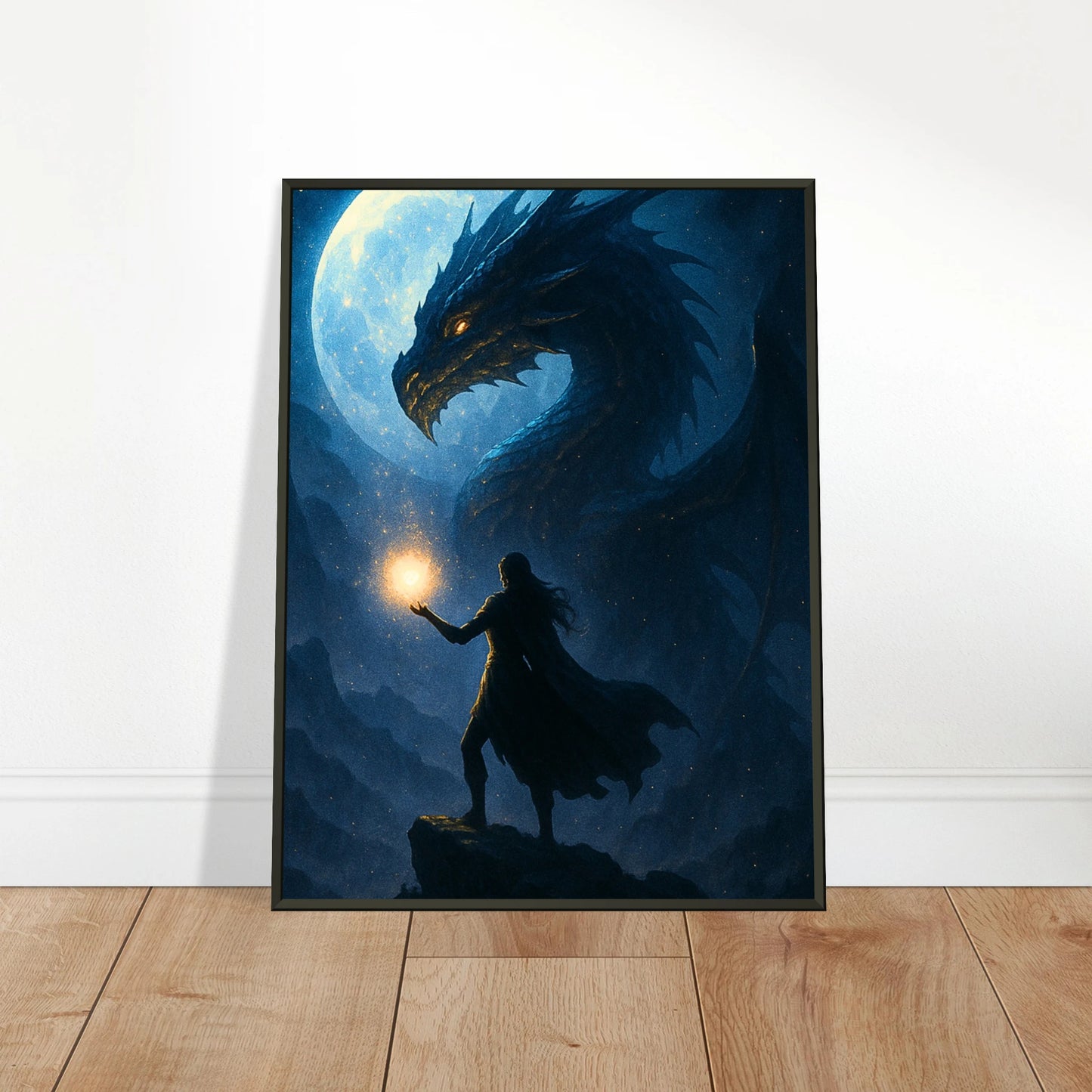 Rise of the Nightfire Wandbild in hellem modernen Wohnraum, epische Dark Fantasy Drachenkunst im schwarzen Metallrahmen