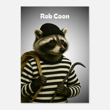 Rob Coon Poster – lustiger Waschbär in gestreiftem Outfit, hochwertiger Kunstdruck ohne Rahmen.