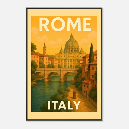 Rome city vintage poster in black metal frame with traditional architecture and retro travel artwork